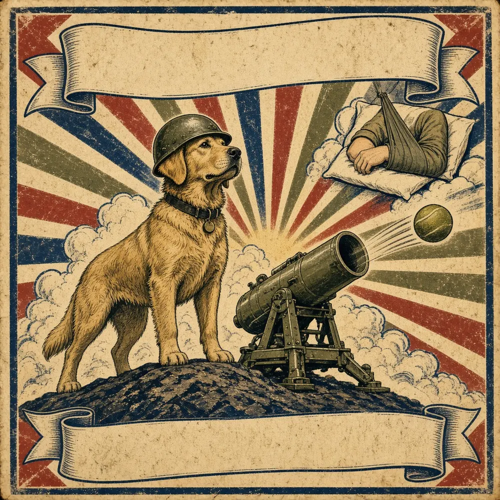 Illustration: 1950s recruitment poster parody of a proud golden retriever in an army helmet standing beside a ball launcher firing a tennis ball, with a retired human arm resting in a sling on a pillow