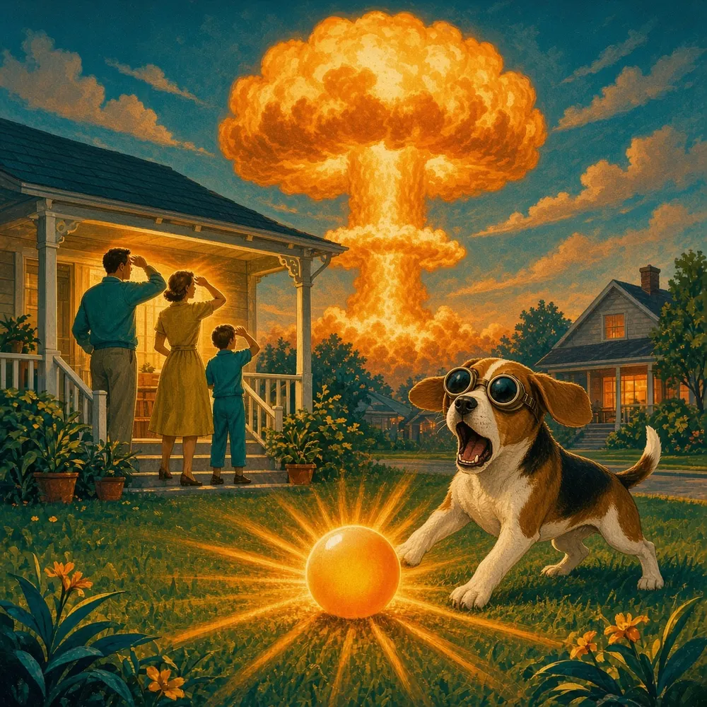 Illustration: 1950s atomic-age ad parody of a glowing orange ball on a suburban lawn with an orange mushroom cloud rising behind it, a startled beagle in welding goggles and a family shielding their eyes on the porch