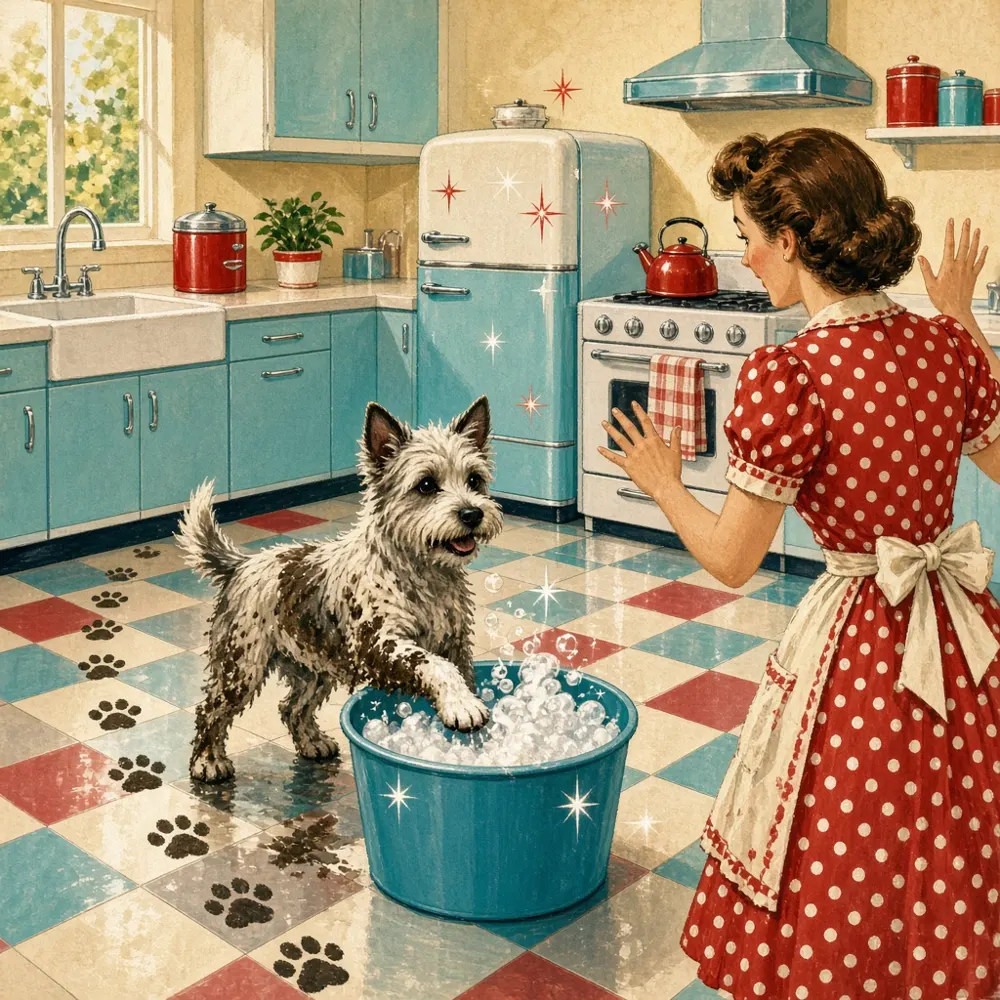Illustration: a muddy terrier in a towel turban and cucumber eye slices soaks its paw in a bubbly paw-washing cup