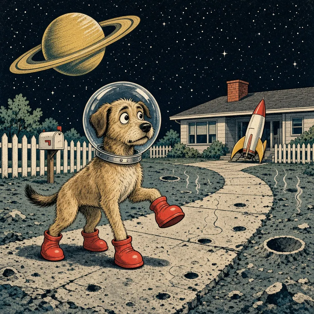 Illustration: a startled yellow lab puppy high-steps down the sidewalk in four balloon-like rubber booties