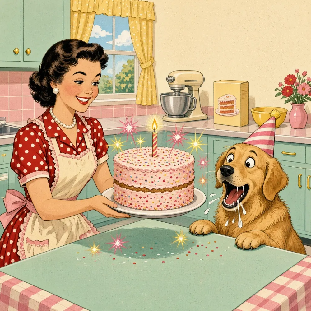 Illustration: a fluffy white dog in a party hat beams at a sprinkle-covered birthday cake with one candle