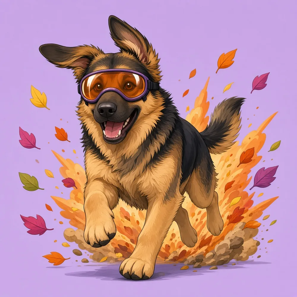 Illustration: a German shepherd in sporty goggles charges out of an action-movie burst of leaves