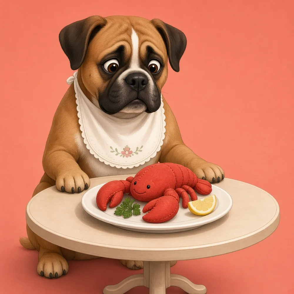 Illustration: a boxer in a bib sits at a table staring at a plate holding only a plush lobster with lemon and parsley