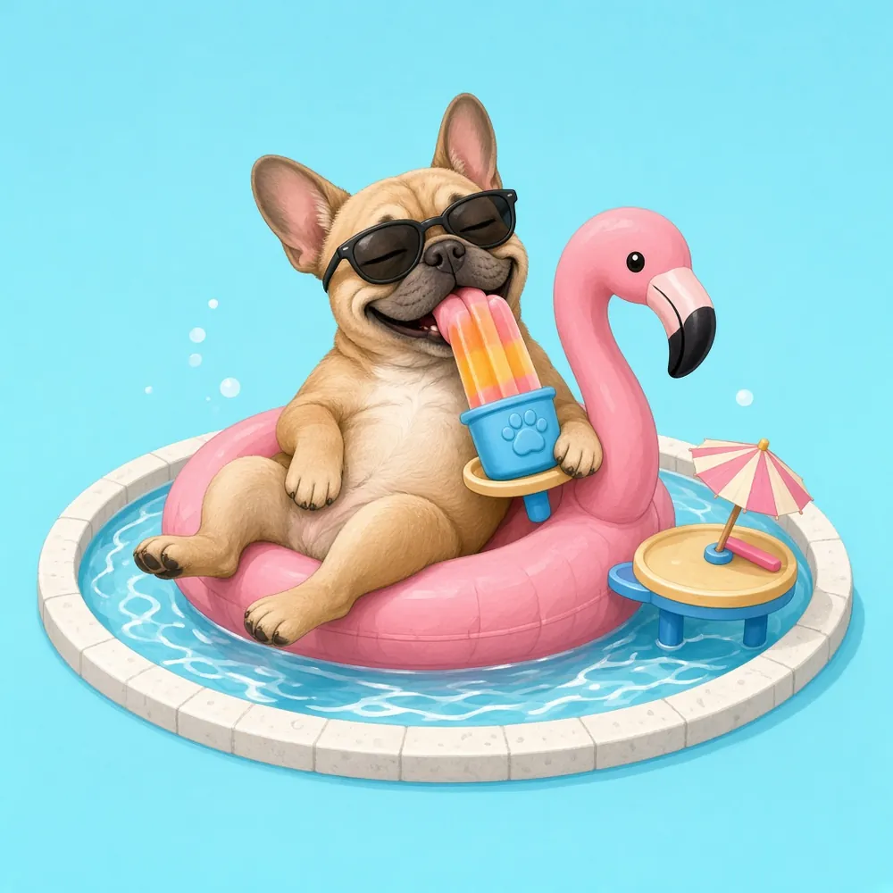 Illustration: a French bulldog in sunglasses lounges on a flamingo pool float licking an ice pop in a dog treat holder